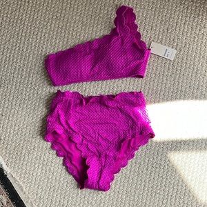 Hot pink one shoulder high waisted bikini